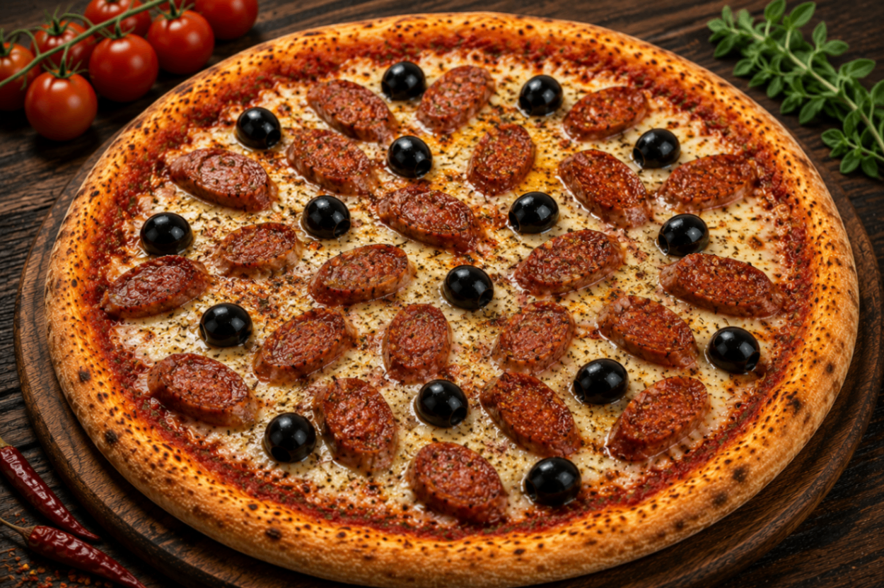 La Reine — Tomate, fromage, merguez, origan, olives